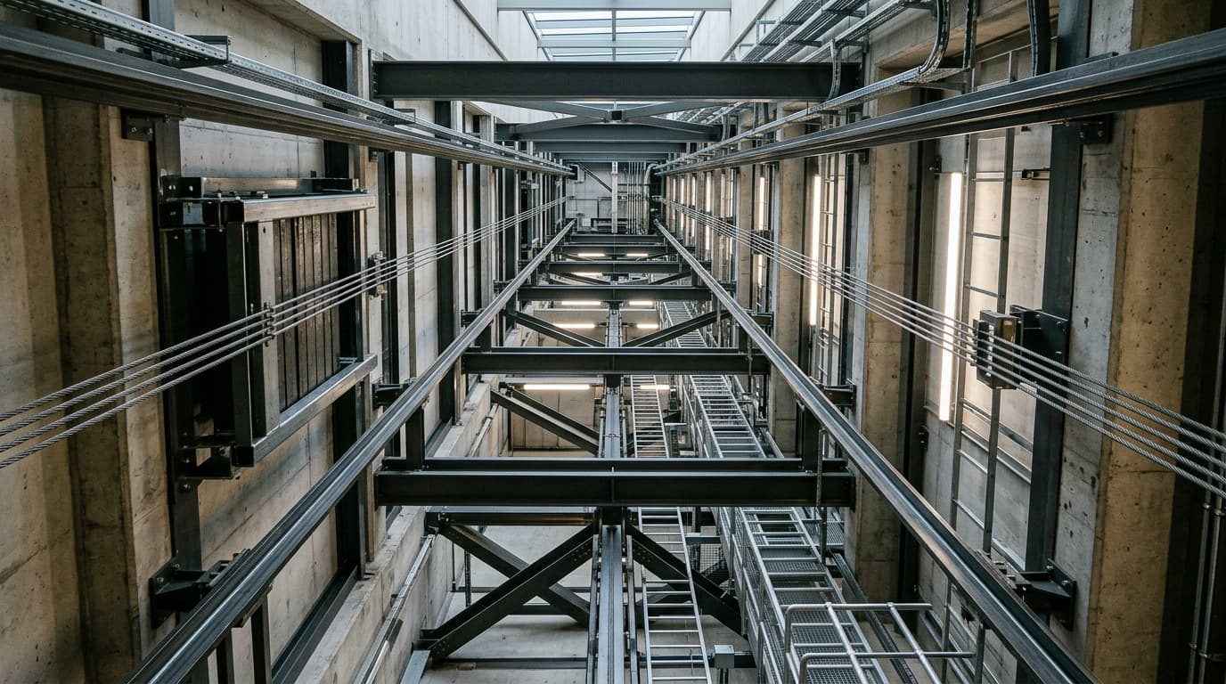 Liftschacht met kabels en geleiderails